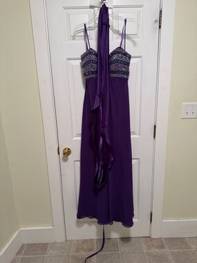 Faviana Purple Beaded Spaghetti-Strap Prom Dress